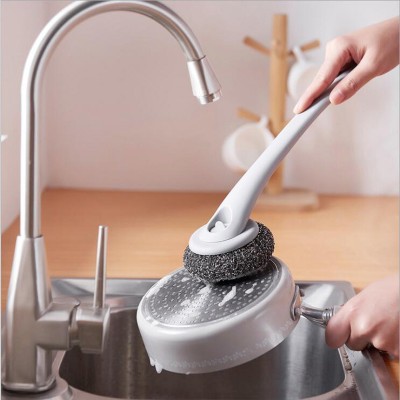 Durable Stainless Steel Scourer Scrub Pad, Wire Scrubbers Dish Wash Brush with Long Handle Cleaning Kitchen Scouring Steel Wire Ball Cleaning Brush Esg15623